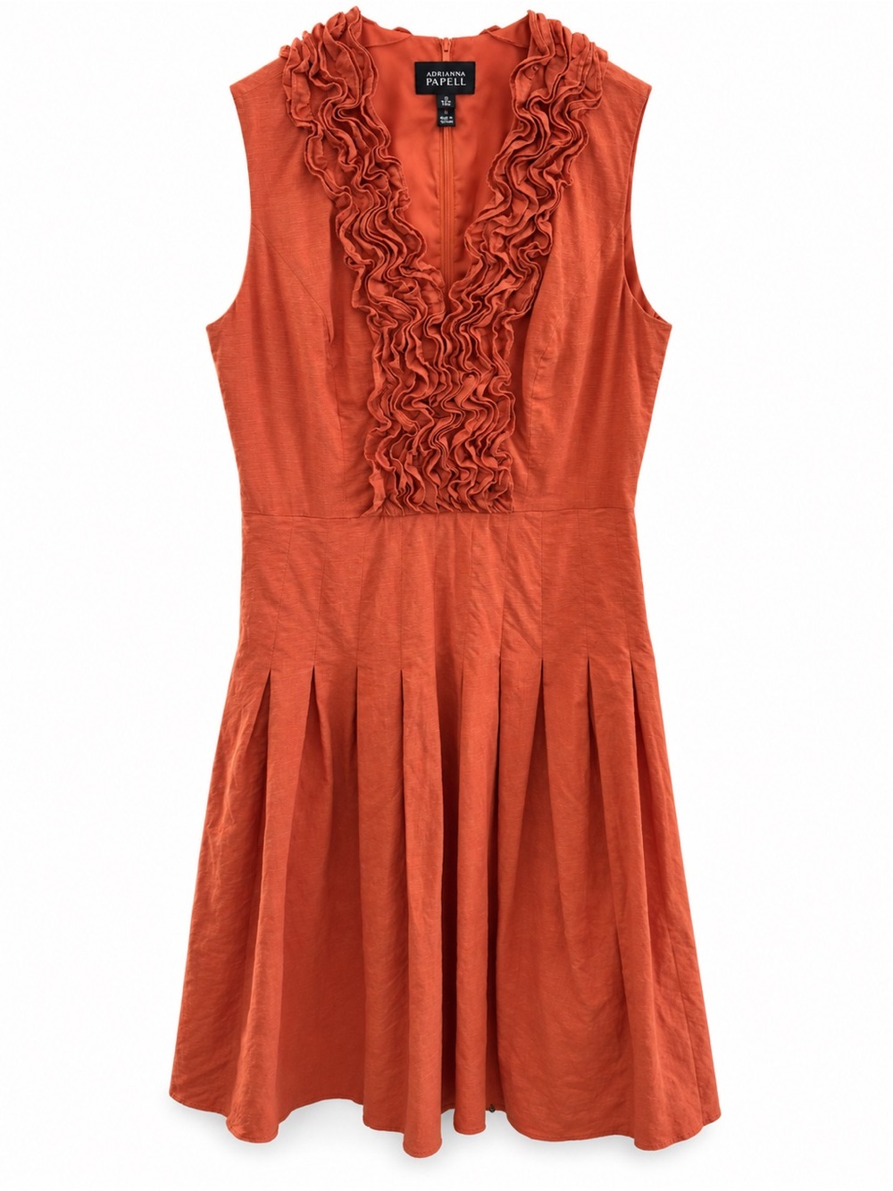 Adrianna Papell Burnt Orange Linen Blend Ruffle Pleated Dress Size 10 - Picture 4 of 6